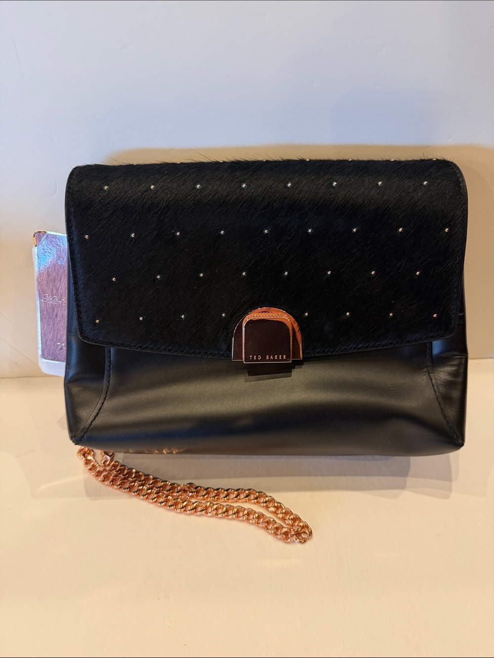 NWT Ted Baker Black Faux-Hair Flap Crossbody with Rose Gold Chain Detail